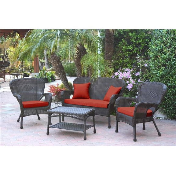 Jeco W00215-G-FS018 4 Piece Windsor Espresso Wicker Conversation Set, Red Cushion