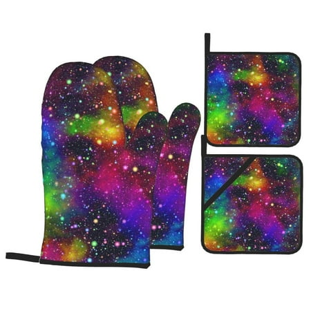 

Oven Mitts and Pot Holders Sets 4 pcs - Bright Universe Heat Resistant Silicone Oven Gloves with Non-Slip Silicone Surface and hot pads for kitchen Baking Cooking BBQ