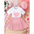 thumbnail image 2 of Bagilaanoe 3Pcs Little Girls Summer Clothes Toddler Heart Embroidery Short Sleeve T-Shirts Tops + Pleated Skirt + Hat 4T 5T 6T 7T Kids Casual Skirt Set, 2 of 9