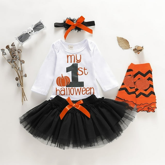 Ensemble de 4 Pcs pour Tout-Petits, Enfants, Bébés Filles, Halloween, Barboteuse, Combinaison, Haut + Jupe Mini de Fête Tuller