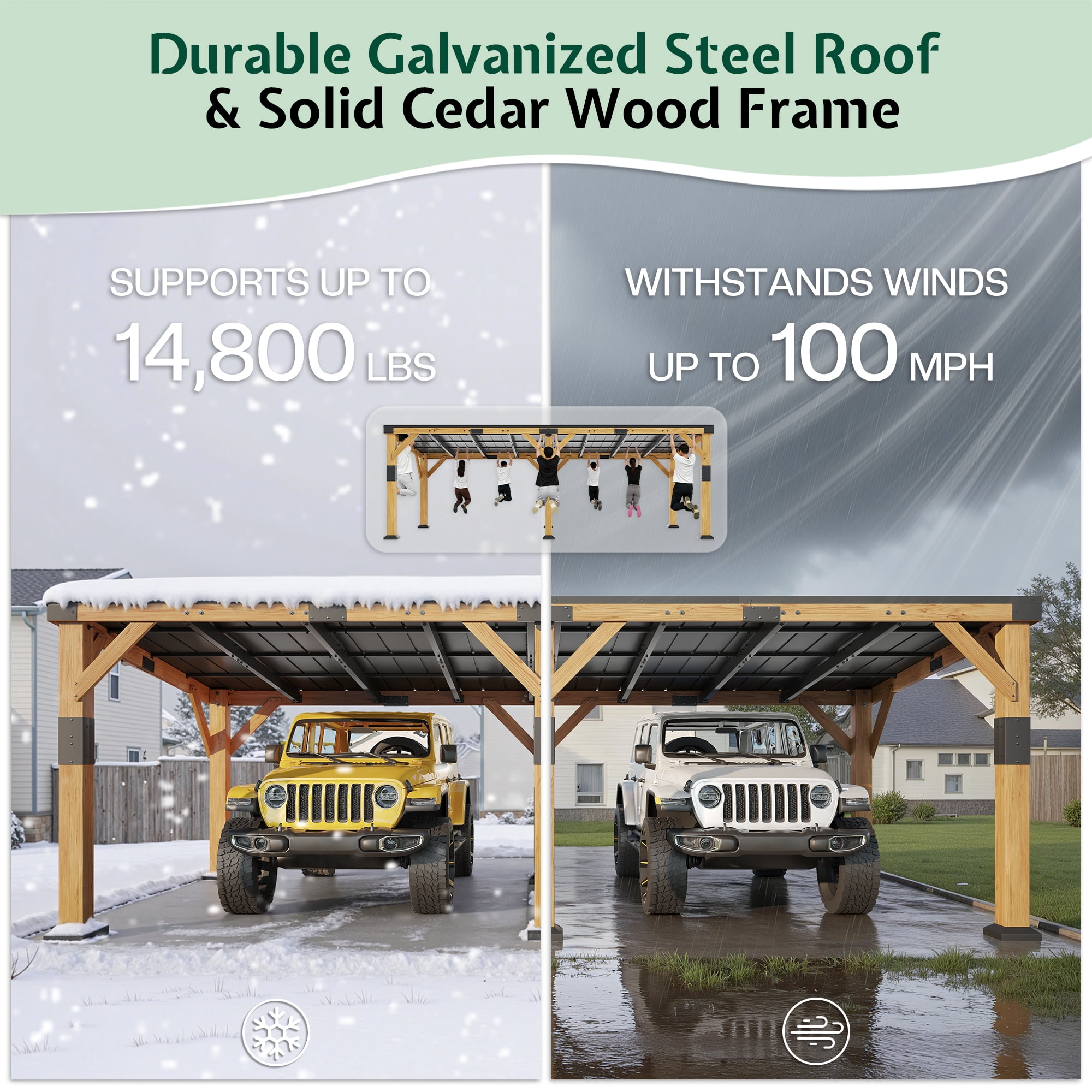 Jocisland 12x24x8.2 FT Cedar Wood Carport for 2 Cars, Heavy Duty Canopy Carport with Sloped Galvanized Steel Roof for All Weather