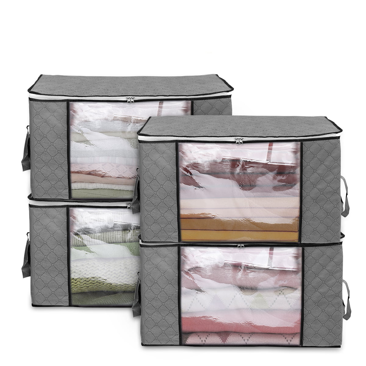 king do way Foldable Storage Bag Organizers with Zips,Carry Handles&Window,Large Capacity Clothes Storage Anti-Mold Moistureproof Closet Storage Boxes for Comforters,Blankets,Bedding,4 Pack 