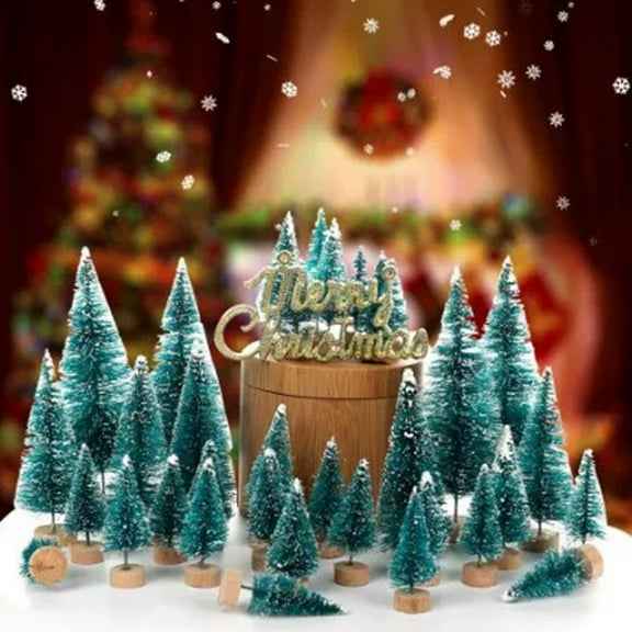 24/ 43 Pcs Miniature Sisal Frosted Christmas Trees,Artificial Snow Frost Ornaments Christmas Trees, Wood Base Bottle Brush Trees for Christmas Table Top Decor Crafts Ornaments