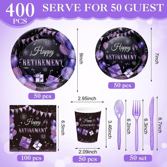 YUYAN-400 Pcs Happy Retirement Party Supplies Purple Black Retirement Disposable Paper Plates Napkins and Cups for Men Women Say Goodbye Decorations