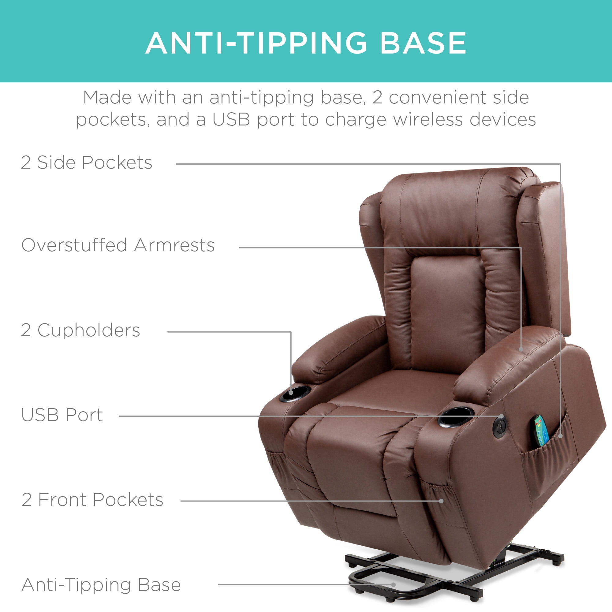 Best Choice Products Electric Power Lift Recliner Massage Chair Furniture w/ USB Port, Heat, Cupholders - Brown