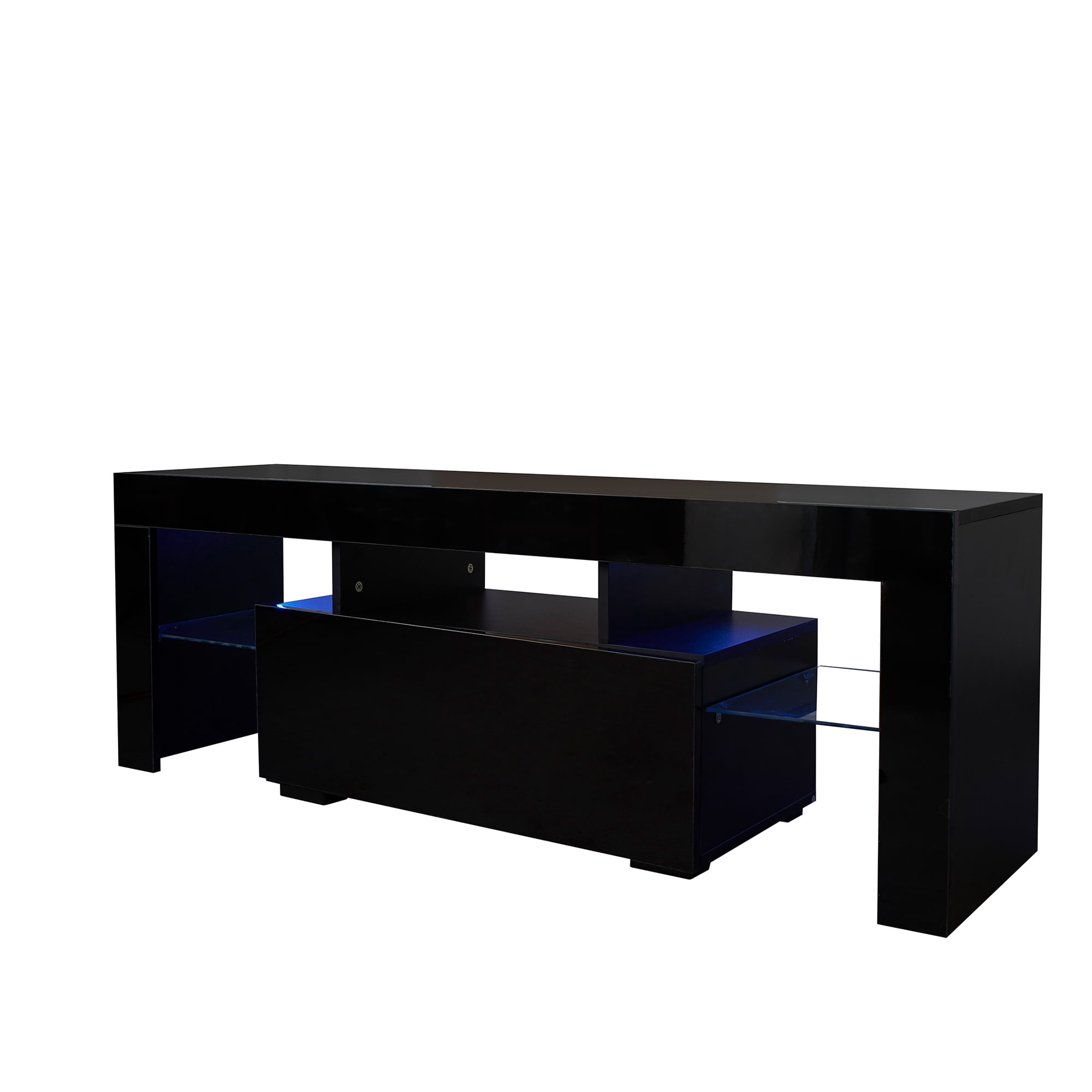 SYNGAR TV Stands for Living Room with LED Light up to 55" TV, Modern Entertainment Center with Storage Drawers and Glass Storage Shelves, Media Console, TV Stand Cabinet, Black