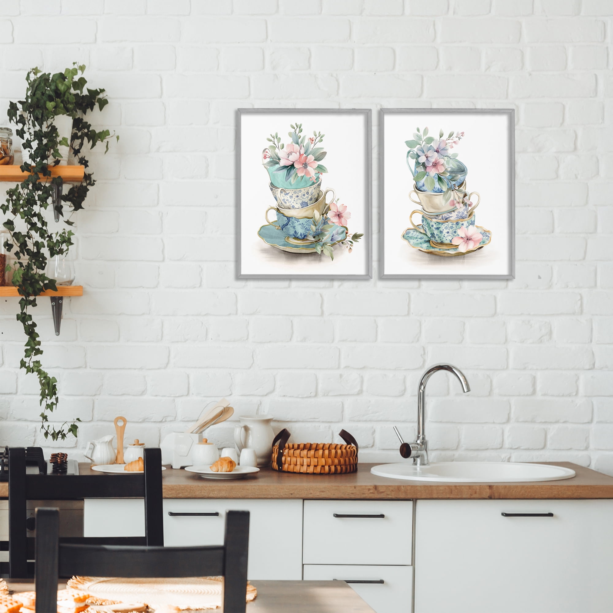 Stupell Industries Stacked Teacup Chinoiserie 2 Piece Gray Framed Giclee Art Set, design by Kim Allen