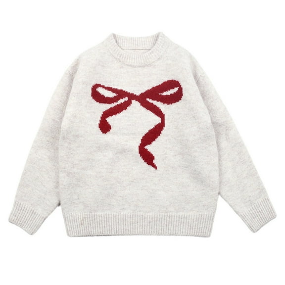 Likimi Toddler Girls Elegant Knit Sweater Fashion Bow Print Long Sleeve Crew Neck Soft Warm Winter Top Size 2-3 Years Beige