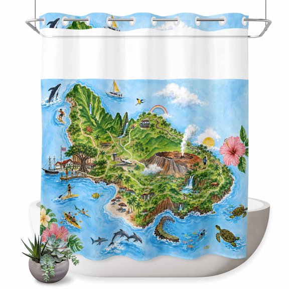 No Hook Shower Curtain, Summer Island Shower Curtains for Bathroom with See Through Top Window, Tropical Coastal Volcano Flowers Ocean Ship Waterproof & Washable Bath Curtain 66"x72"