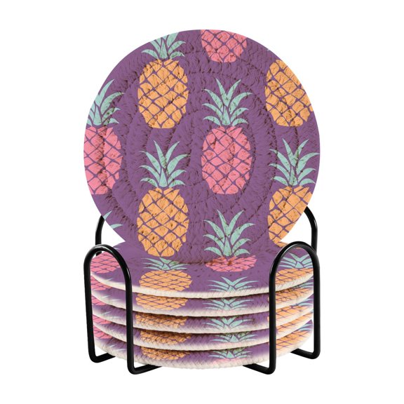 Colorful Pineapple 6 Pcs Drink Coasters with Holder Absorbent Coasters Woven Coasters for Drinks Table Desk Protection Home Decor