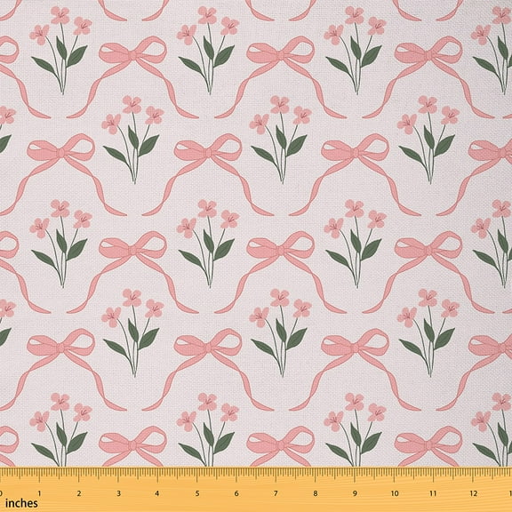 Homewish Girly Pink Bowknot Fabric by the Yard 1 Yard for Female, Romantic Rose Floral Room Decor Fabric by the Yard, Kawaii Princess Style Sewing Fabric, Microfiber Bedroom Decor