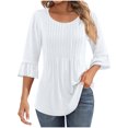 thumbnail image 1 of MeetoTime Tuniques pour Femmes Manches 3/4 Décontractées Col Rond Plissé Couleur Unie T-Shirt Pull, 1 of 6