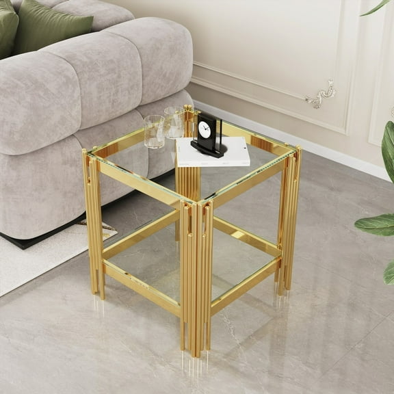Top and Bottom Double Layer Tempered Glass End Table with Mirror Finished Stainless Steel Frame for More Storage Space