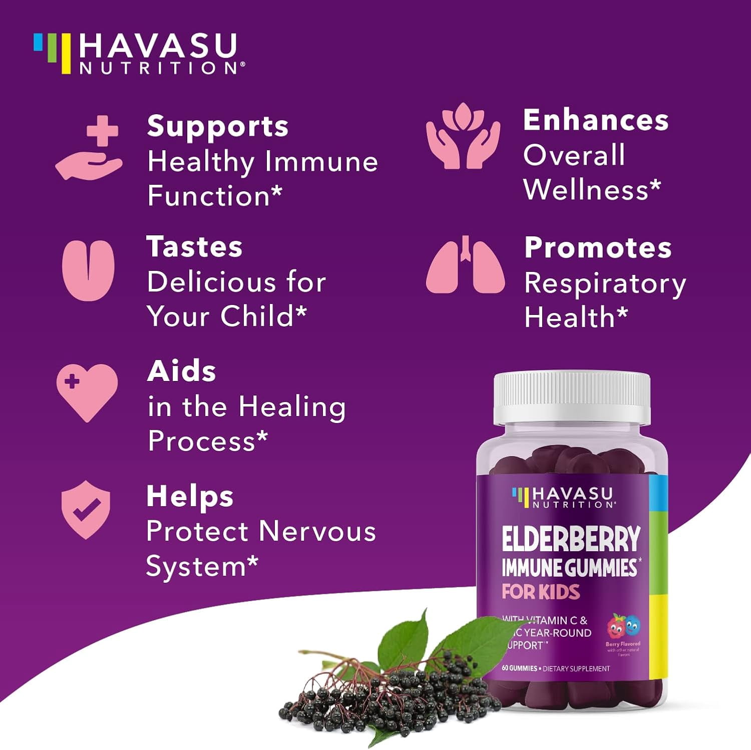 Havasu Nutrition Elderberry Gummies with Zinc and Vitamin C, Immune Support for Adults, 120 Count