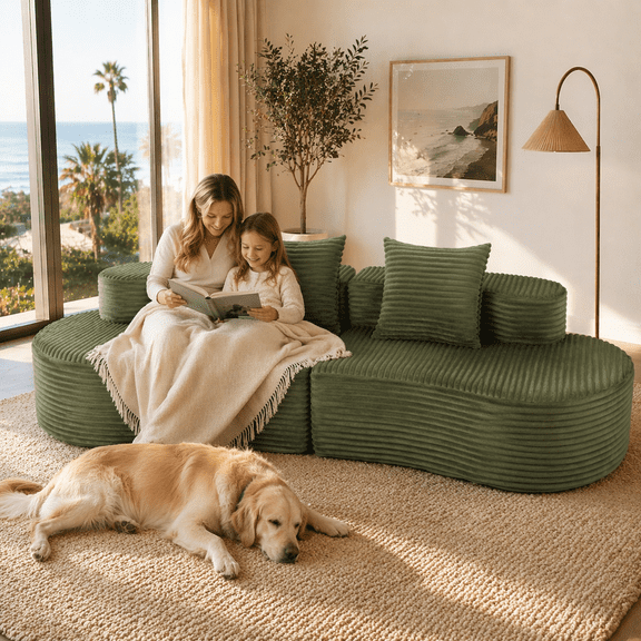 110.24" Fully Compressed Sofa, Corduroy 2-Seater Couch with 2 Lumbar Pillows, Cozy Deep Seat Upholstered Sofa, No Assembly Cloud Couch for Living Room & Bedroom, YKX-33003A-2-GREEN