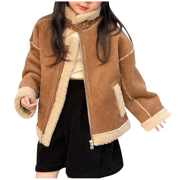 Boys Girls Sherpa Lined Faux Suede Oversized Jackets Vintage Zip Up Thick Soft Comfortable Fuzzy Winter Padded Coats (Coffee,2-3 Years)