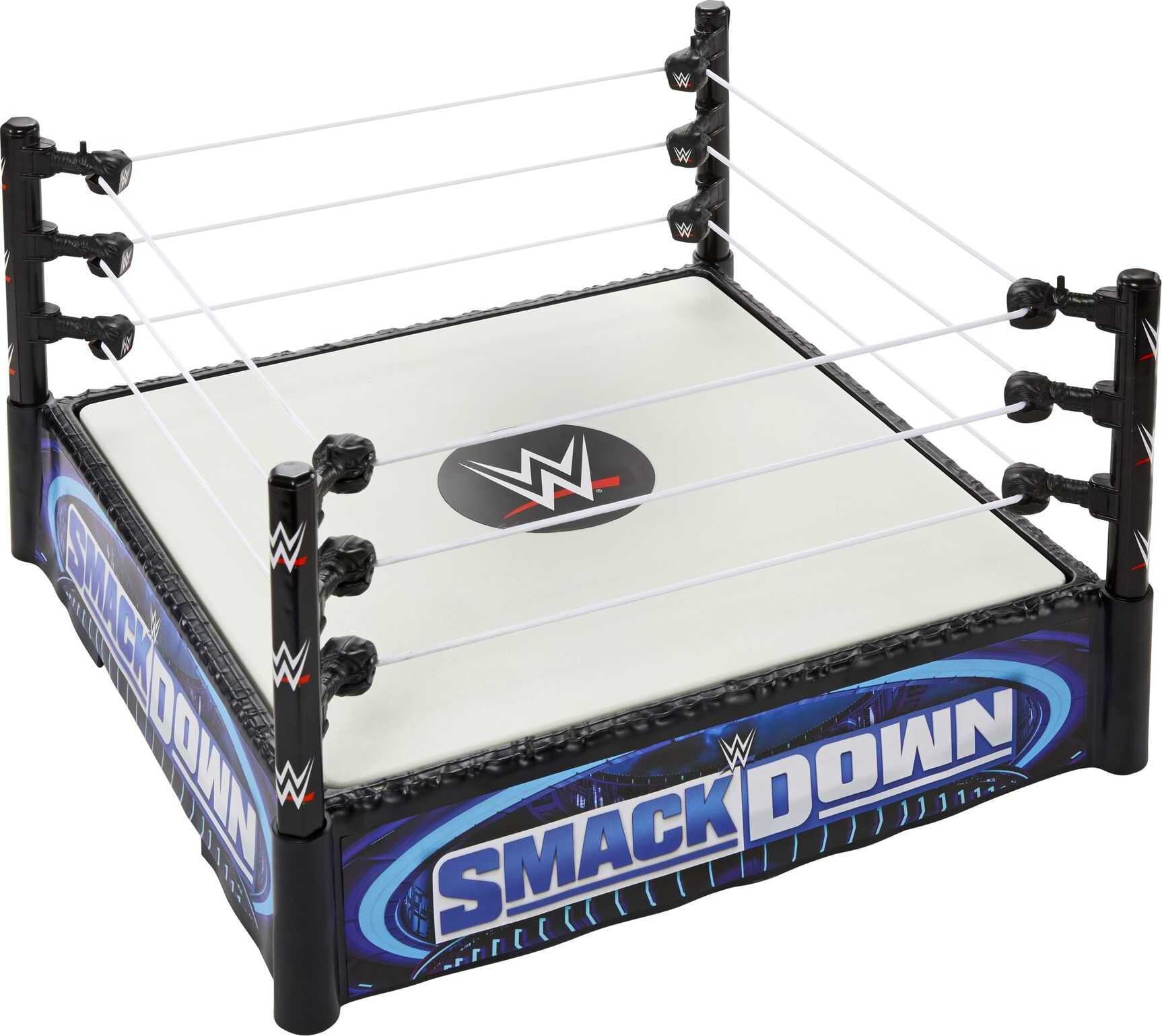 Step into the ring with launching ropes and a spring-loaded mat to battle  for WWE® action figure championships.