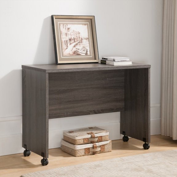 Wooden Mobile Computer Desk with Four Wheels & Modesty Panel - Distressed Grey