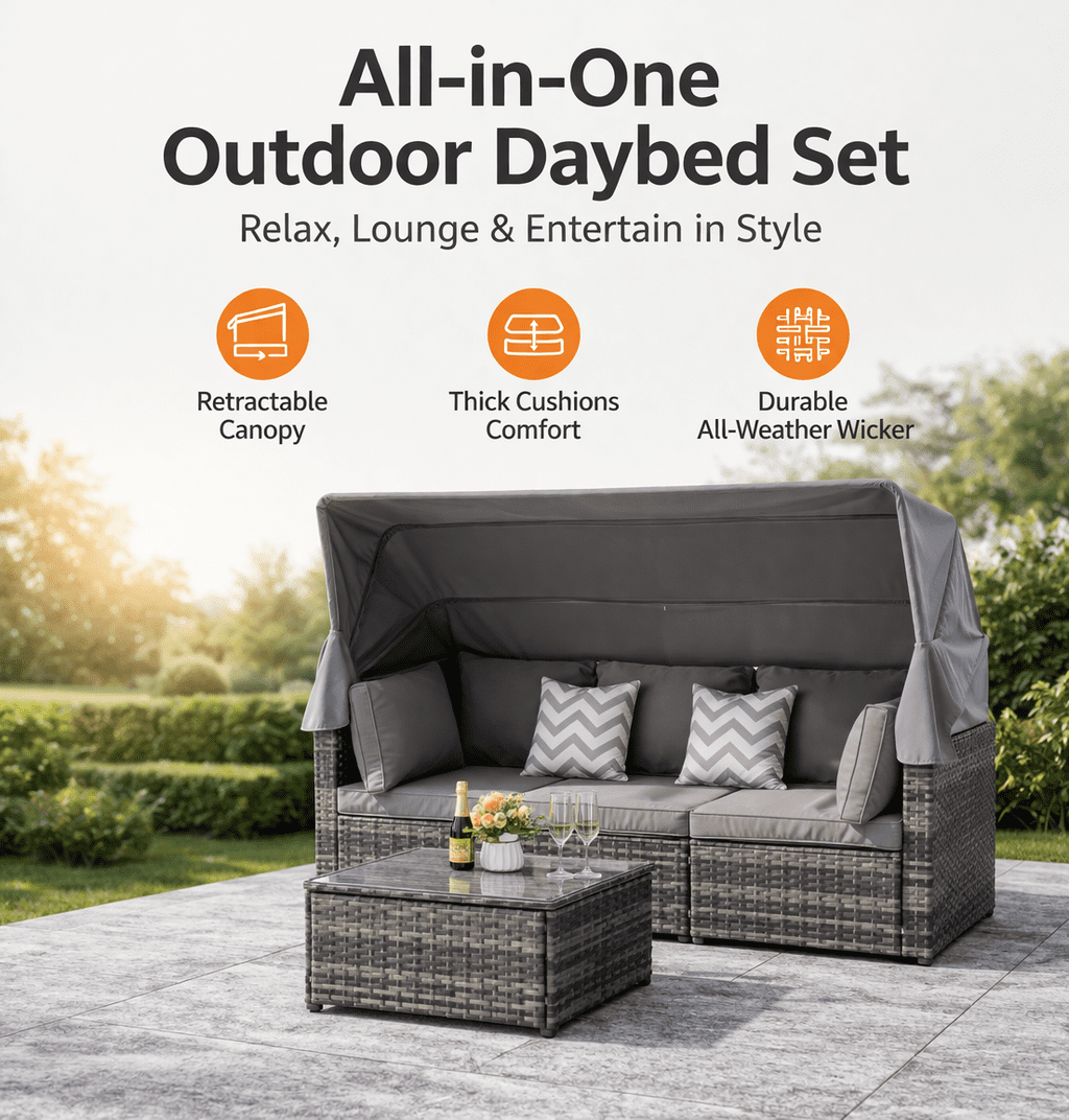 Seizeen 5-Piece Outdoor Daybed, Rattan Sectional Sofa Set with Retractable Canopy, Patio Sectional Bed with Side Table, Outdoor Sunbed for Backyard Porch Pool with Cushions, Adjustable Daybed