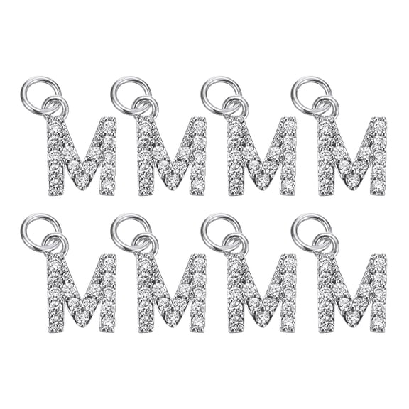 Uxcell Rhinestone Letter Charm, 8 Pack 3.2mm Copper M Letter Charm Alphabet Pendants for DIY Bracelets, White Gold