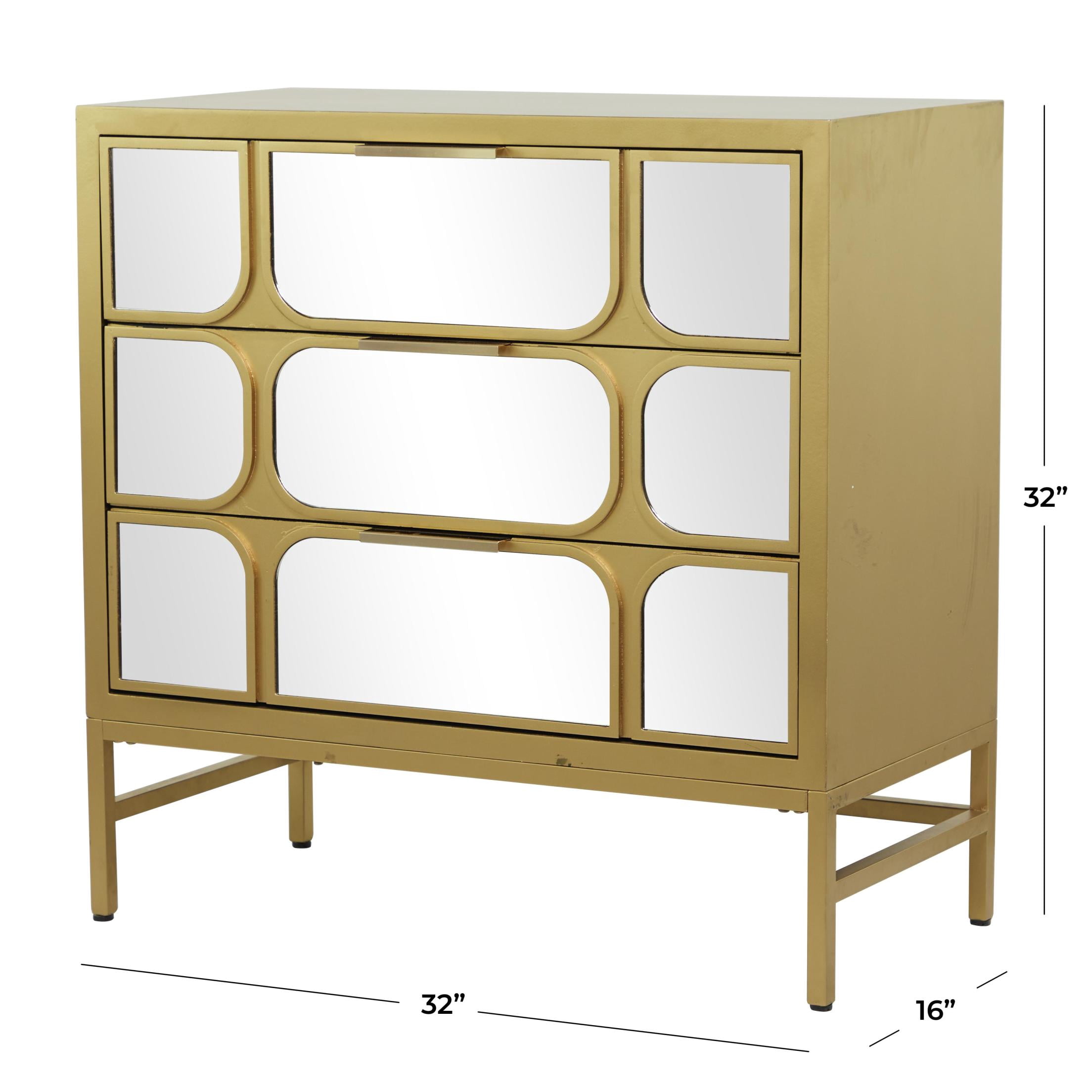 DecMode 32" x 32" Gold Wooden 3 Drawer Chest with Mirrored Front, 1-Piece