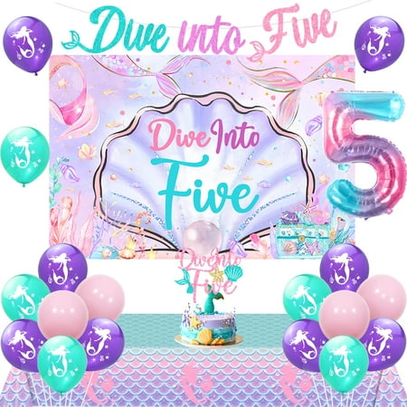 kreat4joy Mermaid 5th PriNst Birthday Decors Girl, Dive Into Party Decorations Backdrop Banner Mermaid Table Cloth Cover Cake Topper Number 5 Foil Balloons for Girls 5 Year Old Birthday Party