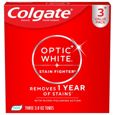 Colgate Optic White Stain Fighter Clean Mint Paste Teeth Whitening Anticavity Toothpaste, 3 Pack, 3.8 OZ
