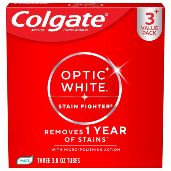 Colgate Optic White Stain Fighter Clean Mint Paste Teeth Whitening Anticavity Toothpaste, 3 Pack, 3.8 OZ