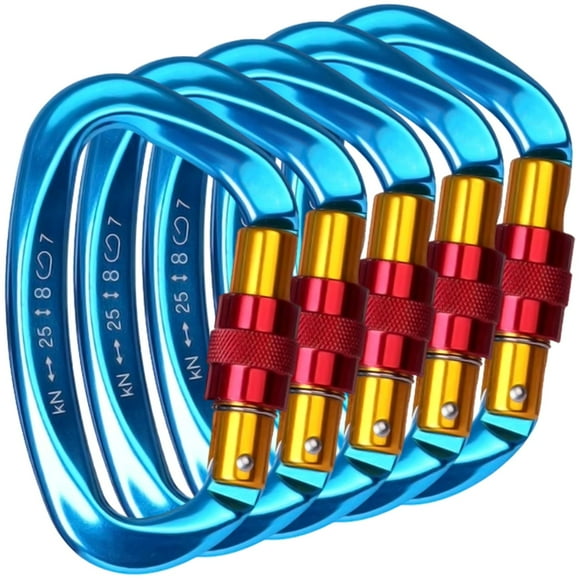Mosquetón Profesional VertexProBlue 5Pzas 25kN Forma D Bloqueo Automático Roscado Azul Aleación de Aluminio.