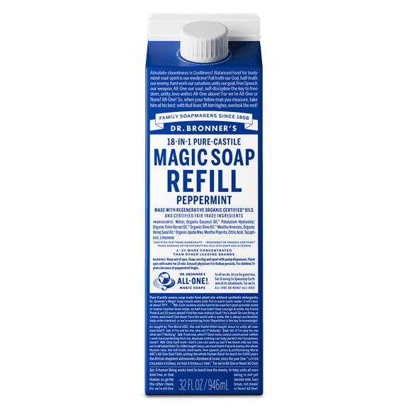 Dr. Bronner's Magic Soap - Peppermint - Pure-Castile Liquid Refill Carton - 32 oz – for face, body wash, hands
