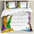 thumbnail image 3 of Mardi Gras Duvet Cover Set King Size, Colorful Framework Design with Vibrant Beads and Mask Fat Tuesday Holiday Theme, Decorative 3 Piece Bedding Set with 2 Pillow Shams, Multicolor, by Ambesonne, 3 of 3