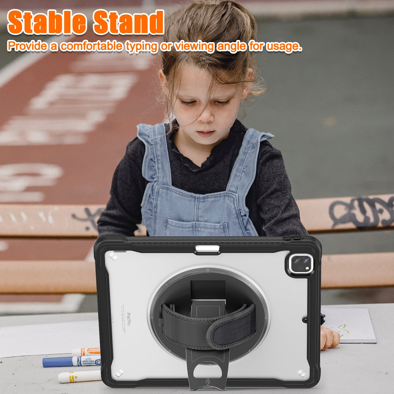 Dteck Case for iPad Pro 12.9-inch 3rd/4th/5th/6th Generation (2018/2020/2021/2022),Military Grade Shockproof Silicone Cover 360° Rotatable Stand- Shoulder Strap- Handle- Pencil Holder,Black