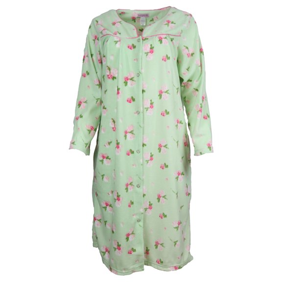 Emme Jordan 3/4 Sleeve Fleece Snap-Front Women's Duster-Mint Roses-Size Medium