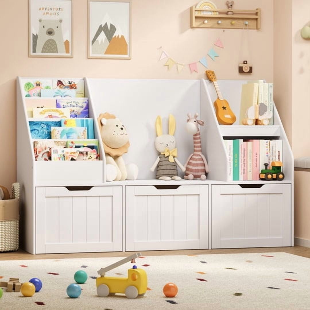 Aiho 48"Kids Bookshelf, Toy Storage Organizer with 3 Drawers on wheels & 4-Tier Book Racks, Toy Storage Organizer for Playroom Bedroom - White