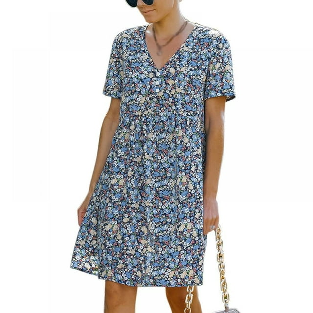 Femmes Mini Robe - Mignon Boho Manches Courtes V Robe Florale Robe de Plage Décontractée Robe de Balançoire