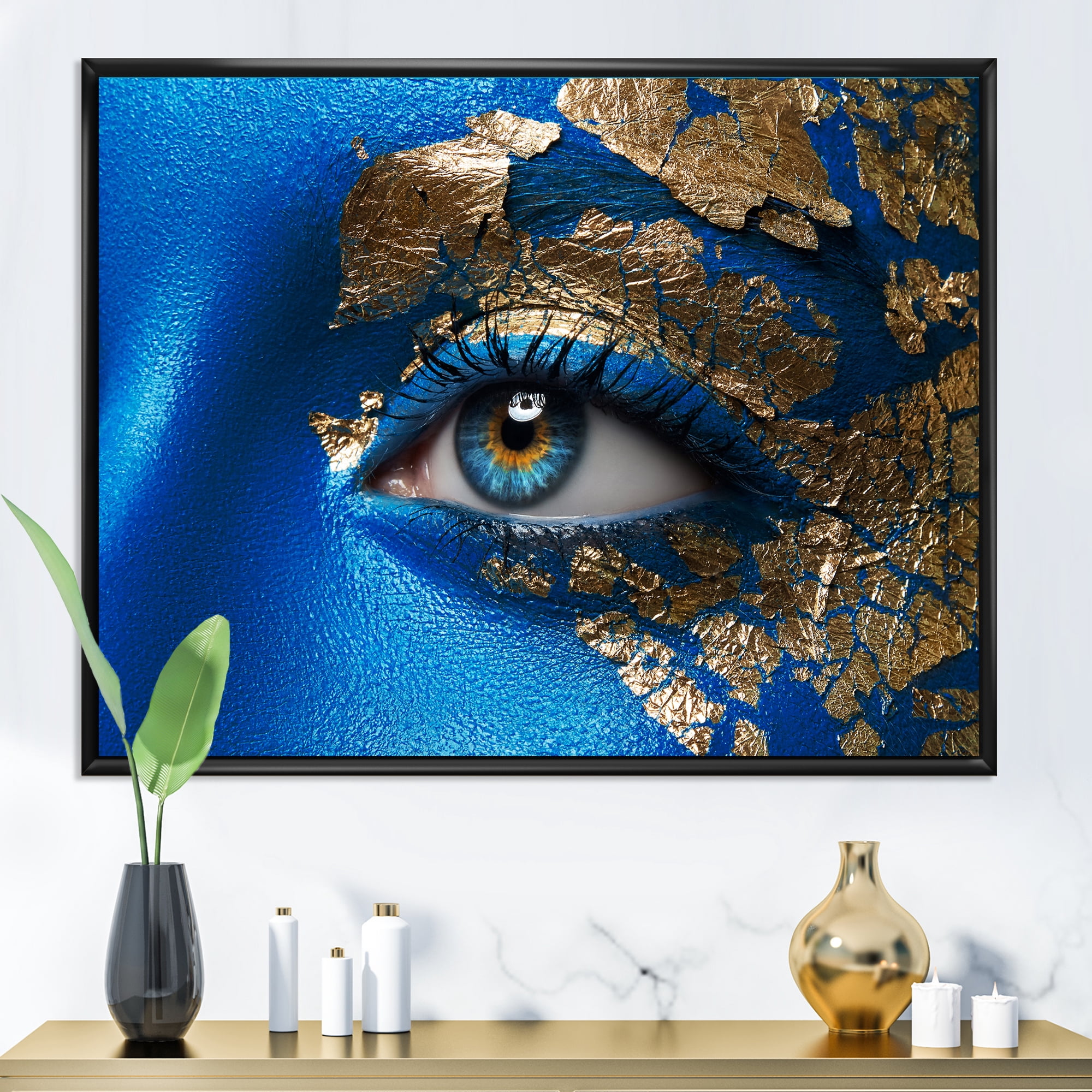 Designart 'Portrait of A Young Woman Model With Blue Make-Up' Modern Framed Canvas Wall Art Print