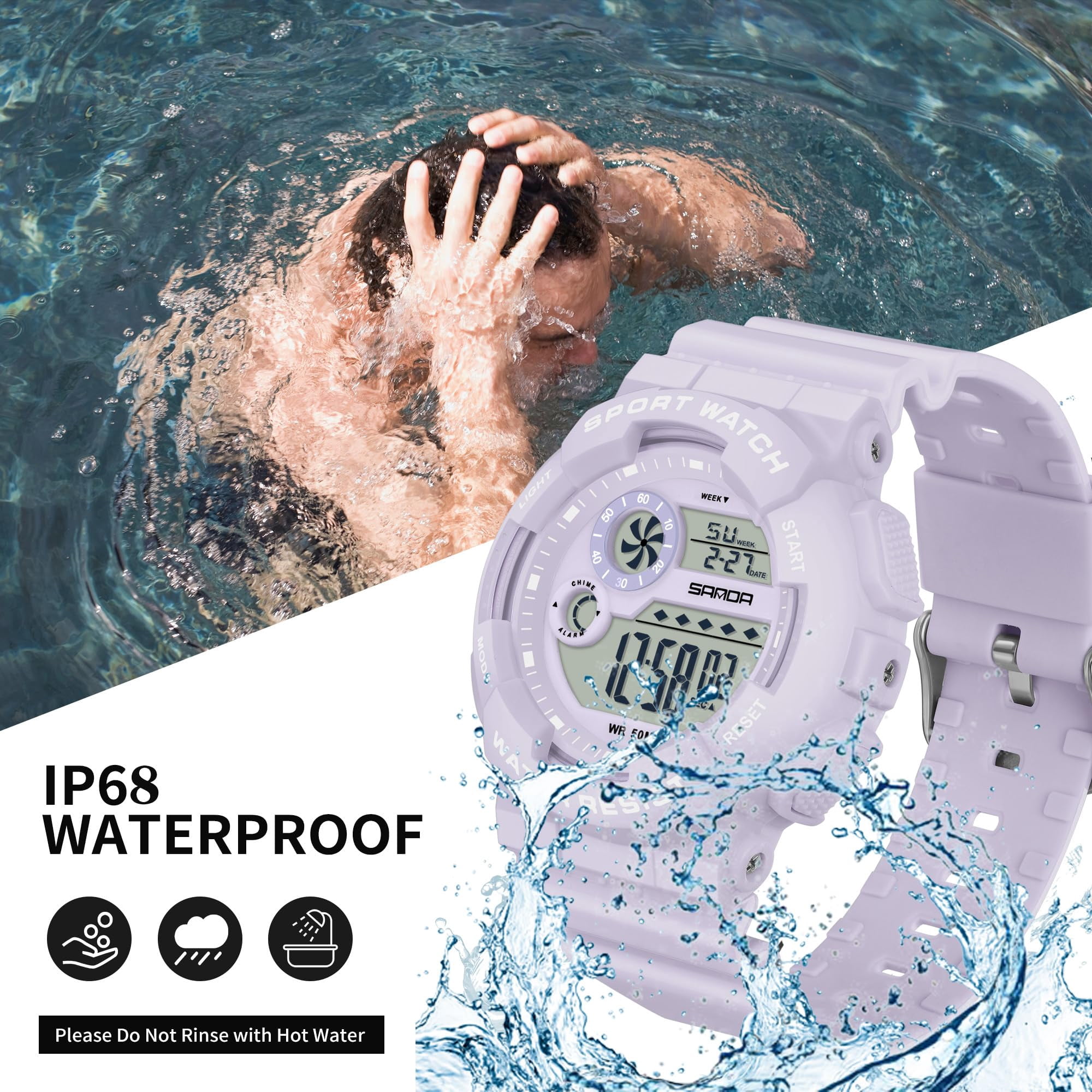 Findtime Digital Watch Womens Sport Waterproof White Wrist Watches for Women with Alarm Stopwatch Hourly Chime LED Display 12H/24H Calendar