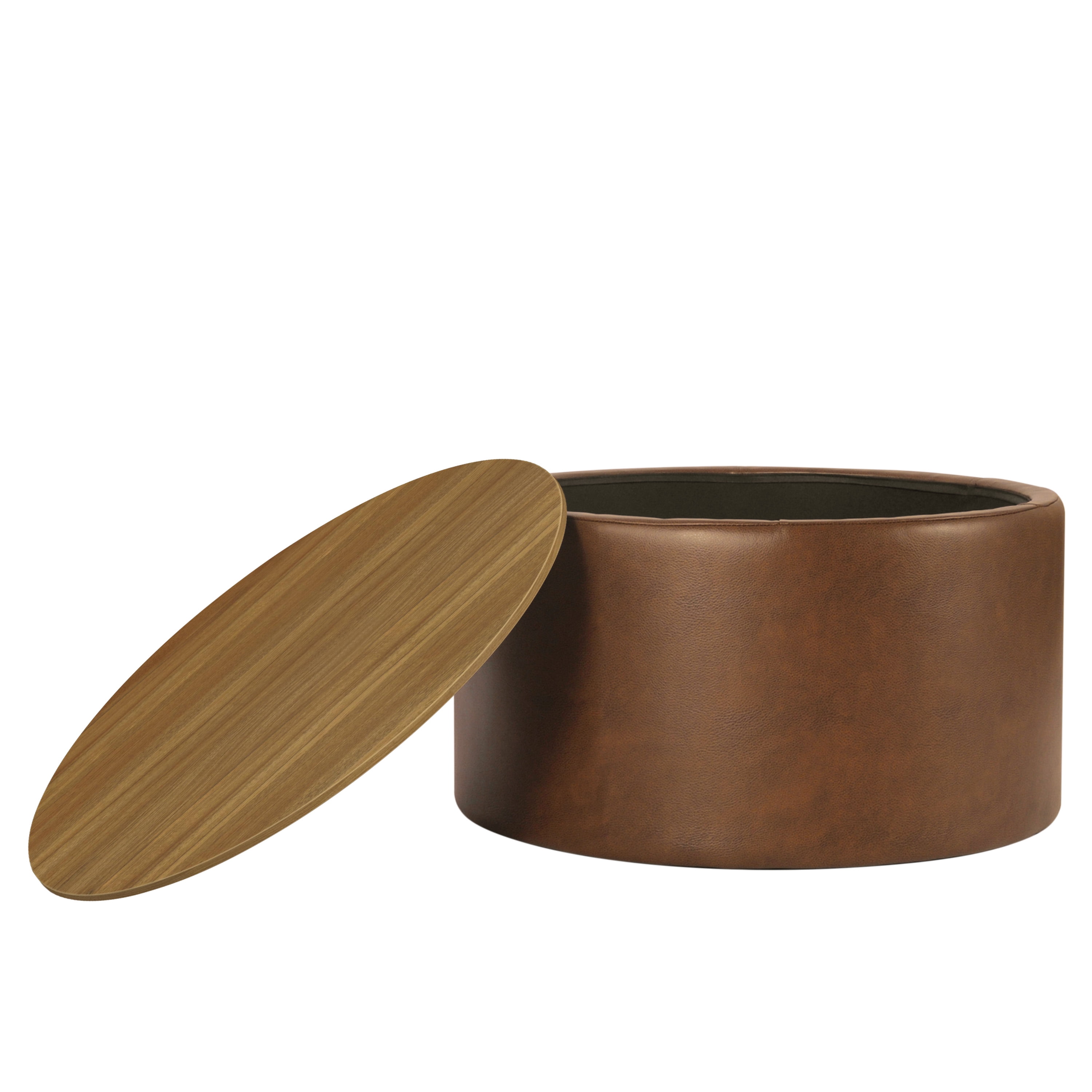 HomePop Large Modern Round Storage Ottoman with Wood Lift-Top Lid, Brown Faux Leather/Honey Oak