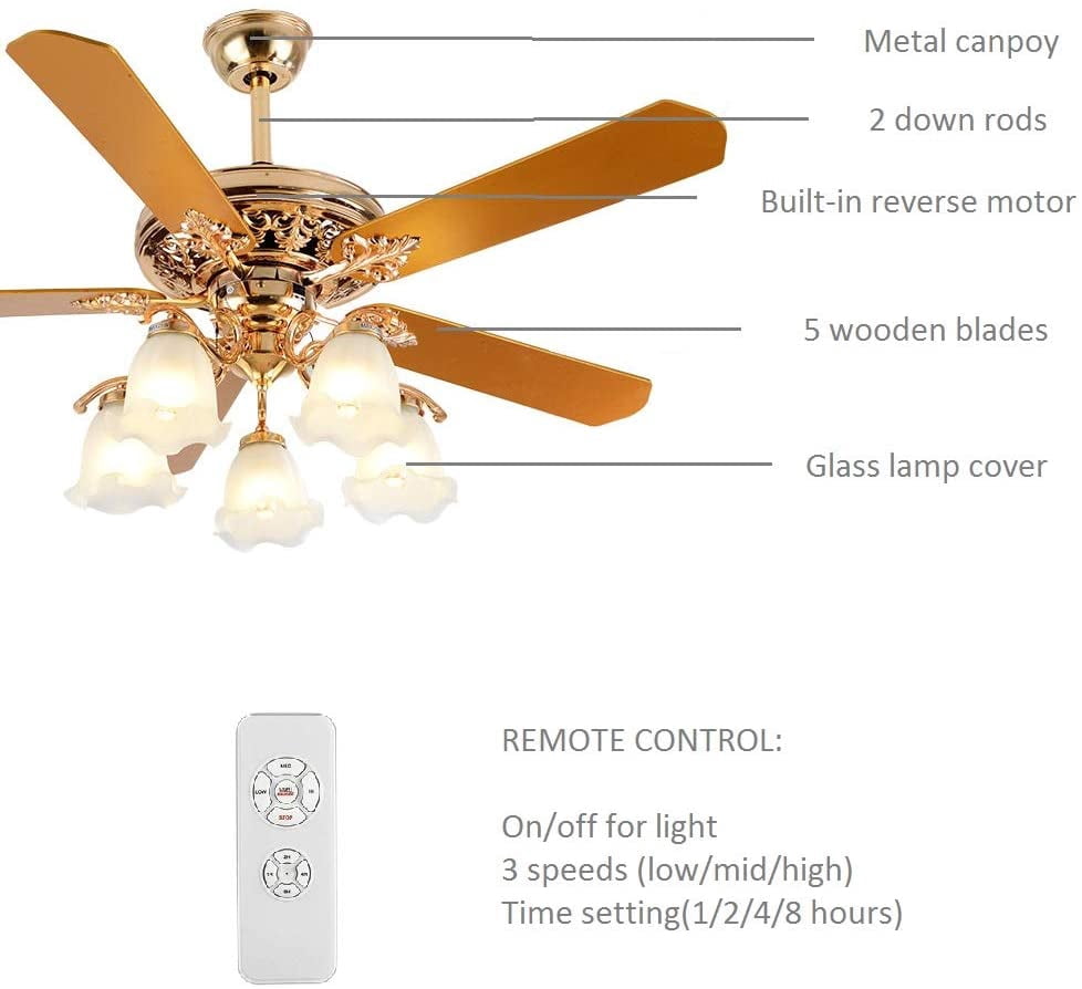 ANQIDI 52" Modern Ceiling Fan Light Gold LED Fan Lamp Chandelier with Remote 5 Wood Reversible Blades 5 Frosted Glass Lampshades