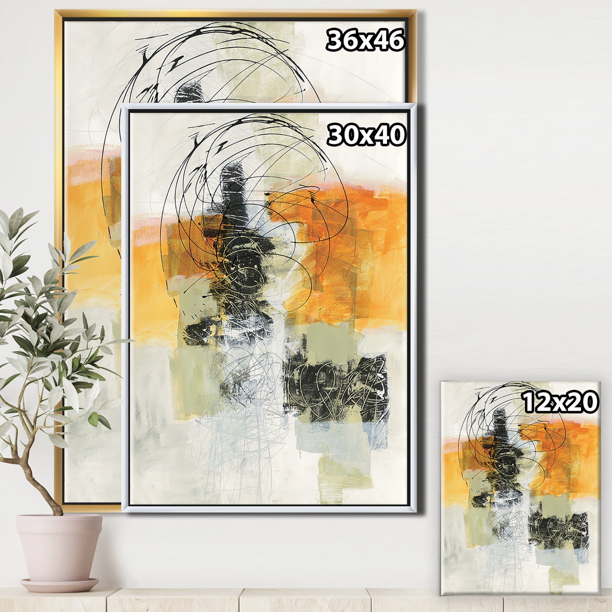 Designart ' Abstract Composition of Glamorous Yellow and Black ' Contemporary Framed Canvas