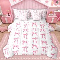 Homewish Cartoon Ribbon Bow Knot Twin Bedding Sets 7-Piece for Kids Children Teens,Dreamy Princess Bedding Comforter Set Microfiber,Kawaii Stars Bowtie Breathable Sheet Sets,Luxury Bedroom Decor