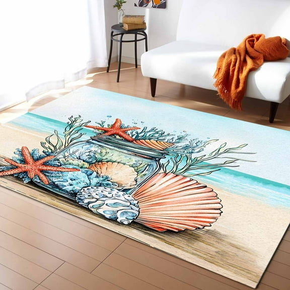 Area Rugs 5x7 Ft Summer Seashell Starfish Conch in Glass Bottle Ocean Beach Non-Slip Washable Rug Indoor Rug Floor Mats Non Shedding Carpet for Living Room Bedroom Dining Room Home Decor