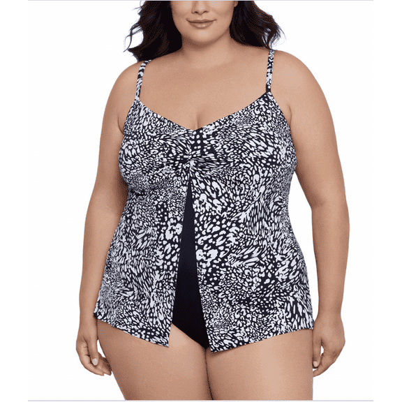 Swim Solutions Plus Size Printed Flyaway Fauxkini One Piece - Leopard Swirl