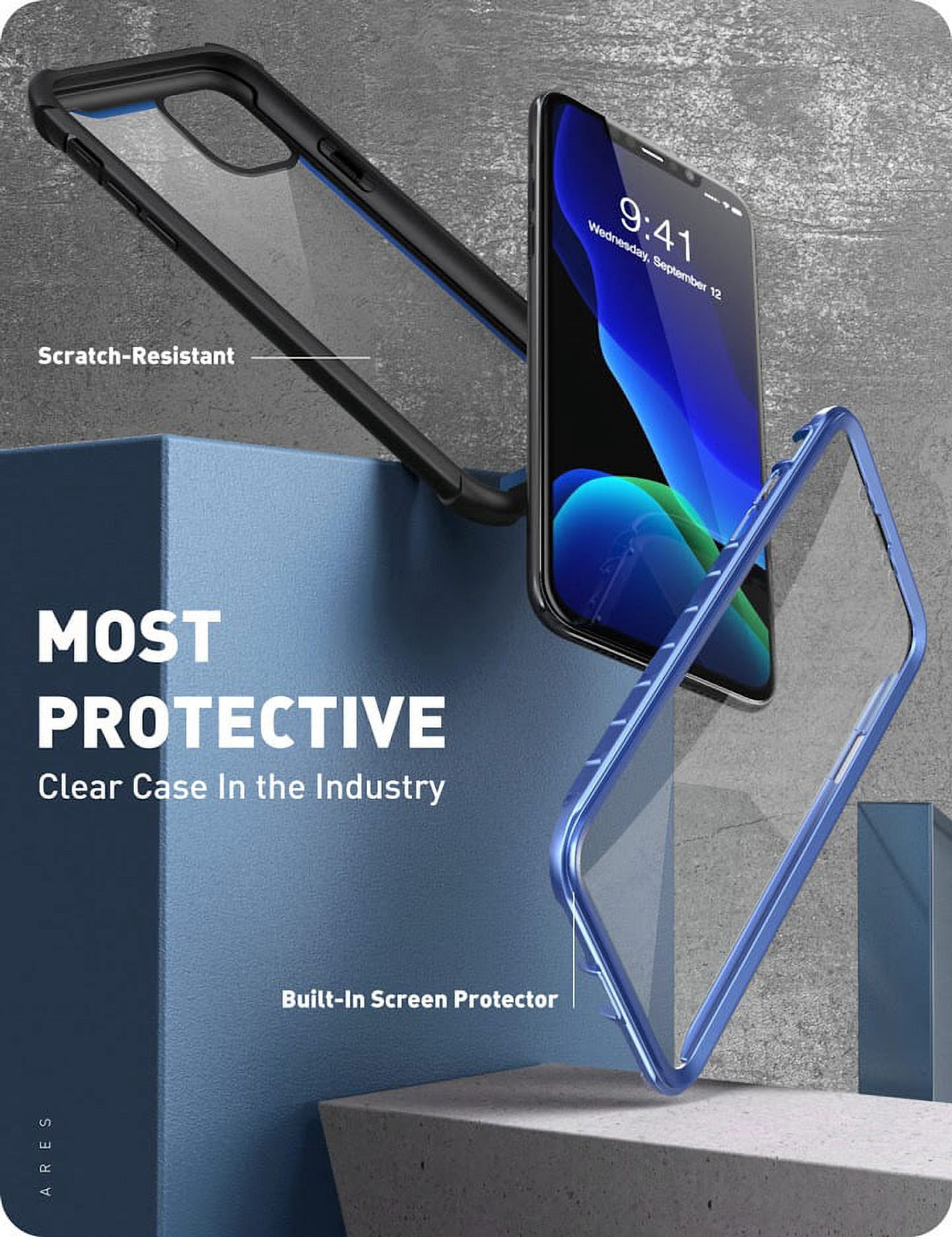 i-Blason Ares Case for iPhone 11 Pro Max 6.5 inch 2019 Release, Dual Layer Rugged Clear Bumper Case with Built-in Screen Protector (Blue)
