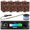 Pyle PLMRB38B Single DIN AM/FM Radio USB/AUX Bluetooth Marine Stereo Black Receiver with 2 Pairs of 3.5” 3-Way 200W Indoor/Outdoor Camouflage Speakers, Rubber Mast Antenna, 18 Gauge Speaker Wire