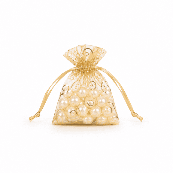 50Pcs 3.5x4.7Inch Organza Gift Bags Gold Rattan Sheer Organza Bag Mesh Favor Bags Drawstring Jewelry Mesh Bags Pouches for Wedding Party Favors Baby Shower Christmas Gifts Candy Bags