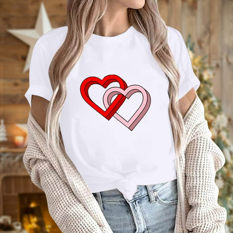 ZQGJB Couple Love Heart Print T-Shirts for Women Valentines Day Casual  Short Sleeve Round Neck Trendy Cozy Blouse Loose Fit Basic Tees Leisure