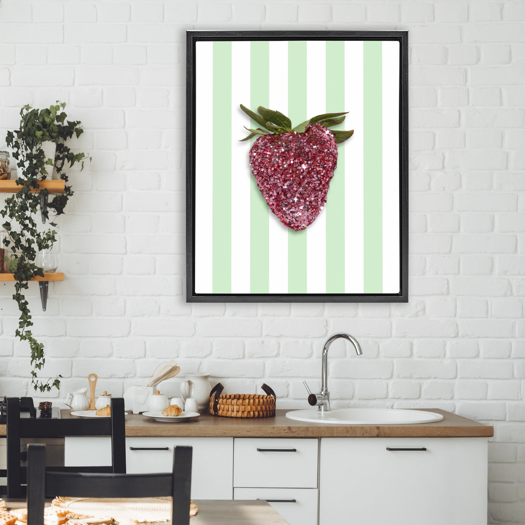 Stupell Industries Glimmer Cherry on Green Stripes Black Framed Floater Canvas Wall Art, design by LISH Creative