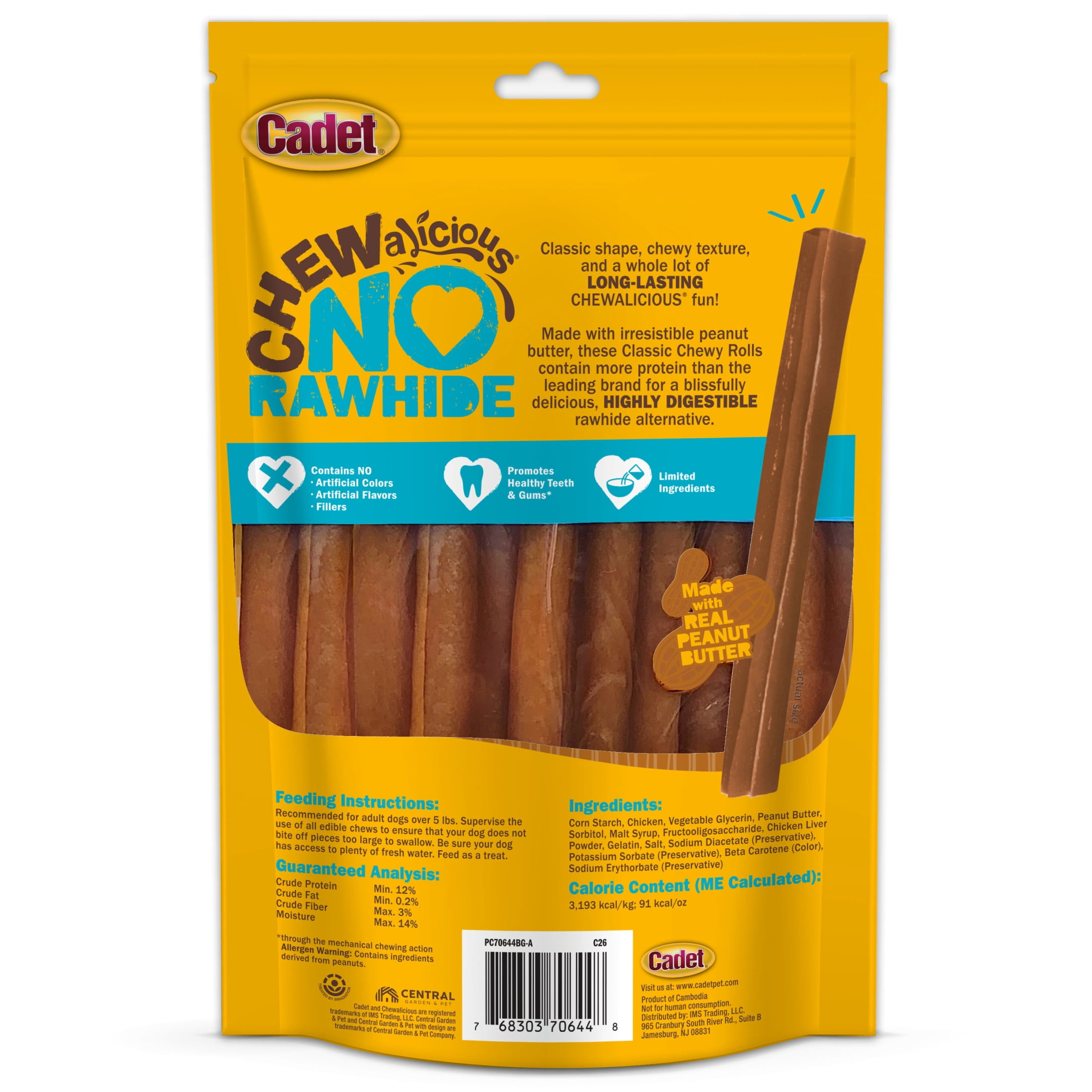 Cadet Chewalicious Dog Treats Chewy Rolls, Rawhide Free Chew Sticks for Dogs, Peanut Butter Flavor, 10 Count