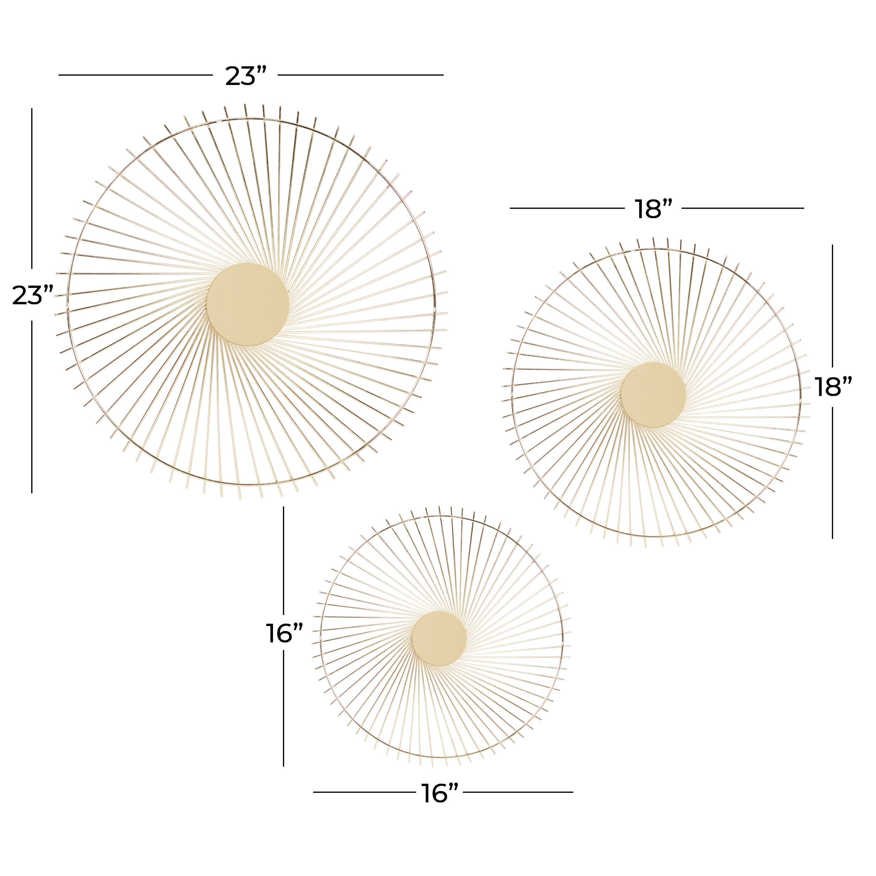 DecMode Gold Metal Radial Sunburst Wall Decor (3 Count)